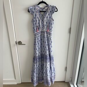 Bell Annabelle Silk Cotton Blue Patterned Tiered Sleeveless Dress